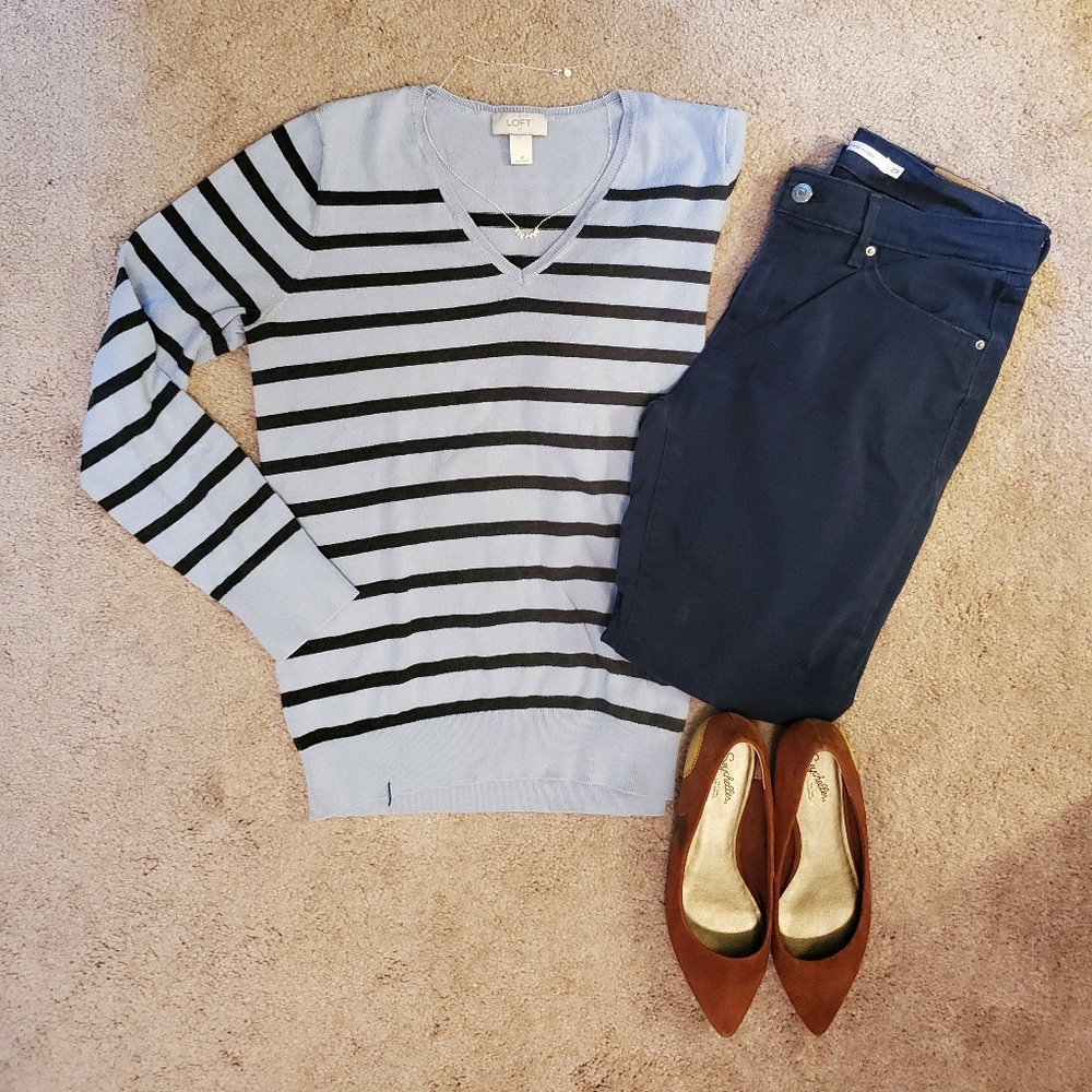 Loft Blue Cotton Striped Sweater
